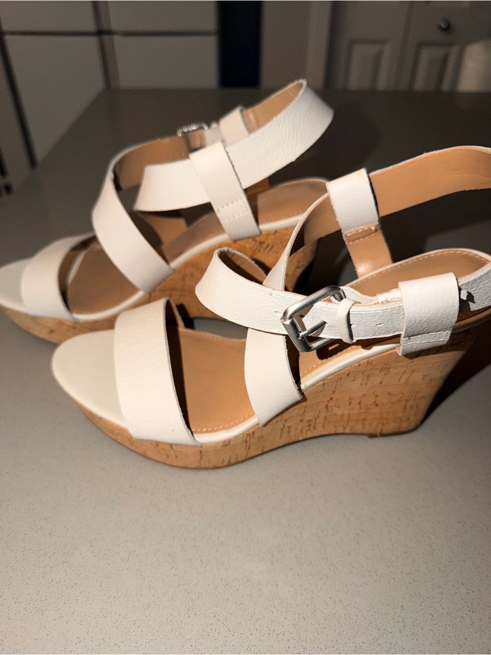 White Leather Cork Wedge Sandals with Ankle Buckle NEW size 8.5 - Picture 5 of 8